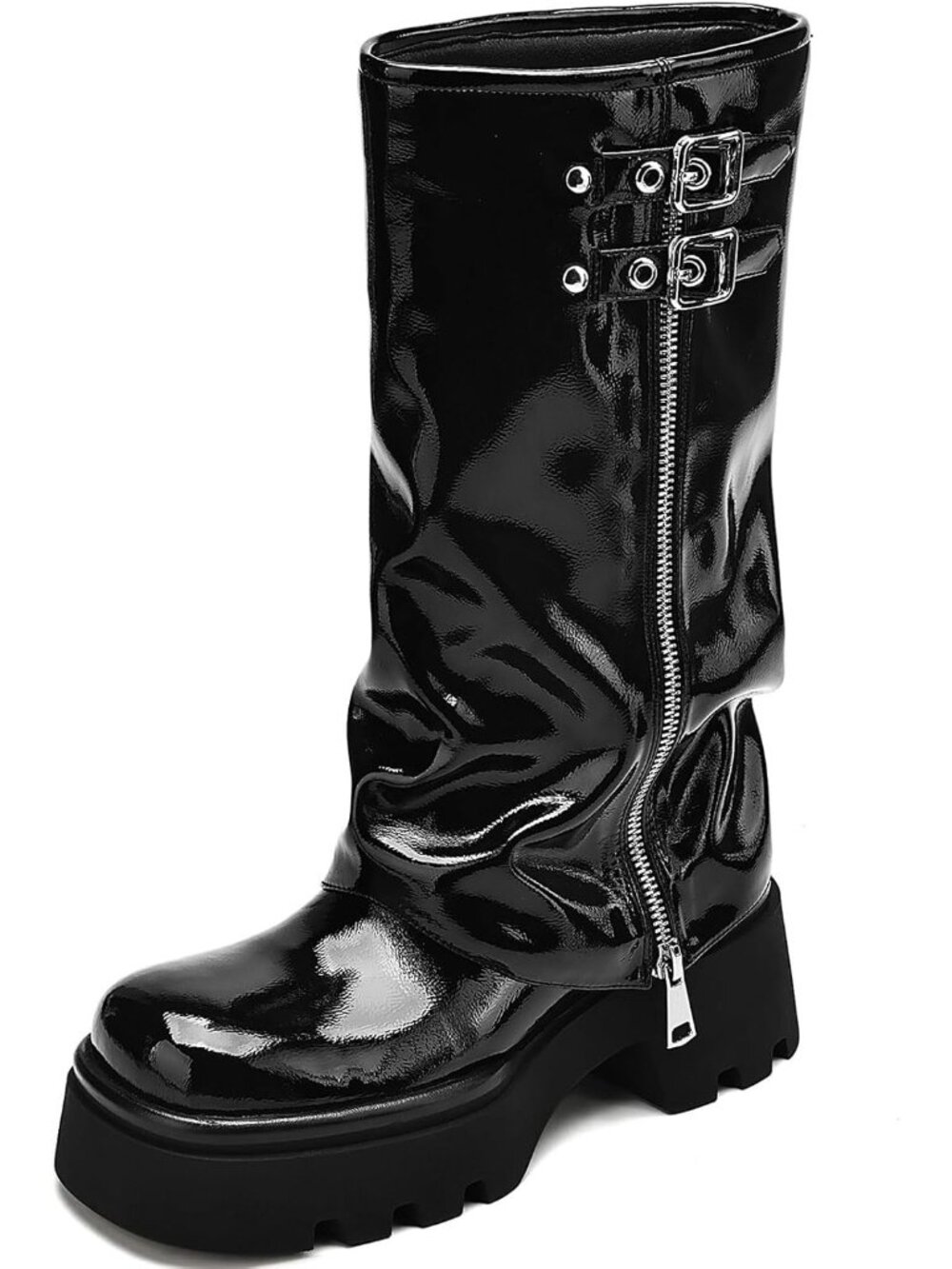 Women's Black Pu Chunky Moto Riding Boot Slouchy Wide Calf Motorcycle Biker Boot